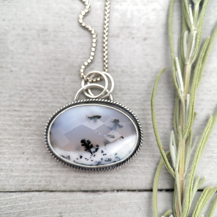 Dendritic Opal and Sterling Silver Pendant Snowy Landscape Necklace - SunlightSilver