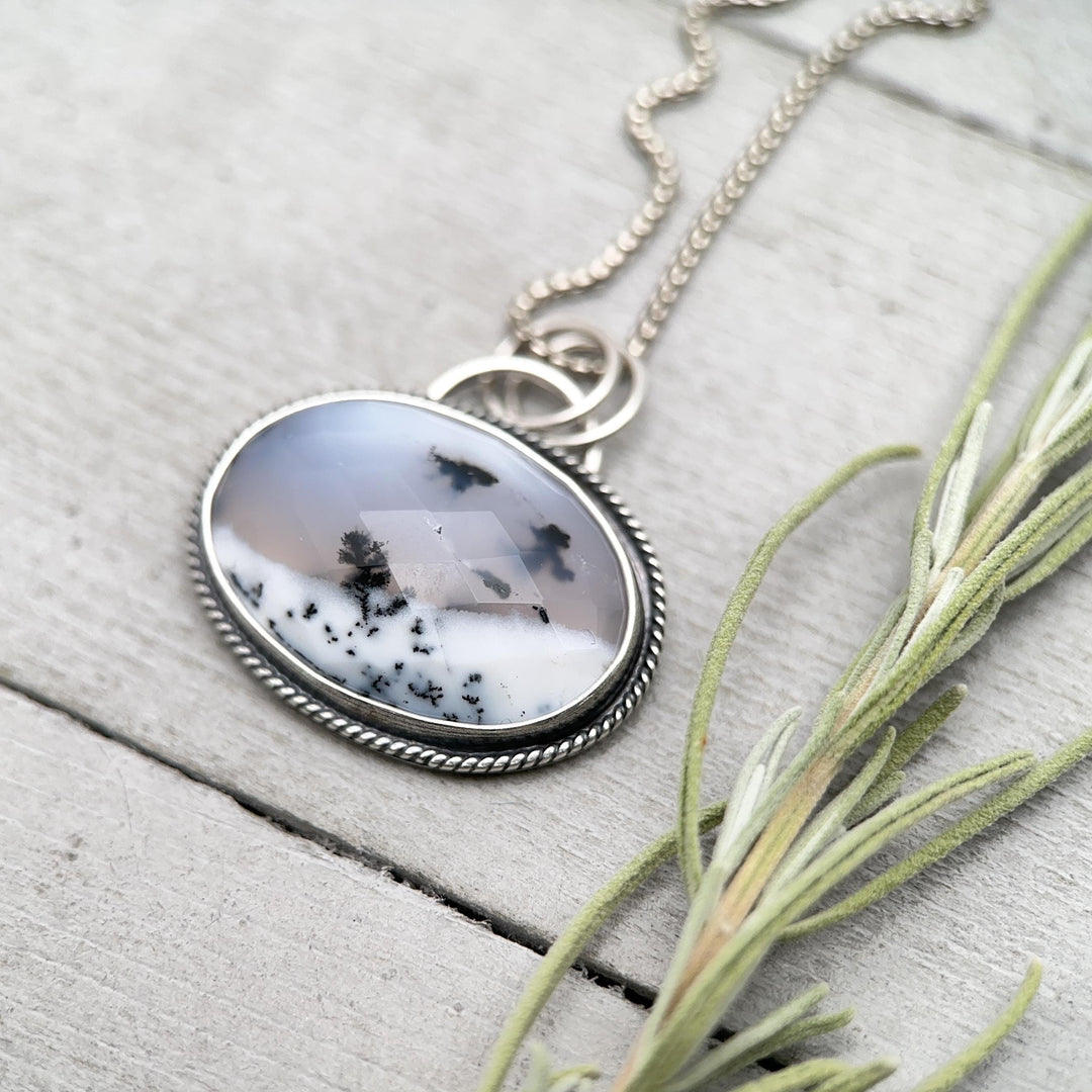 Dendritic Opal and Sterling Silver Pendant Snowy Landscape Necklace - SunlightSilver