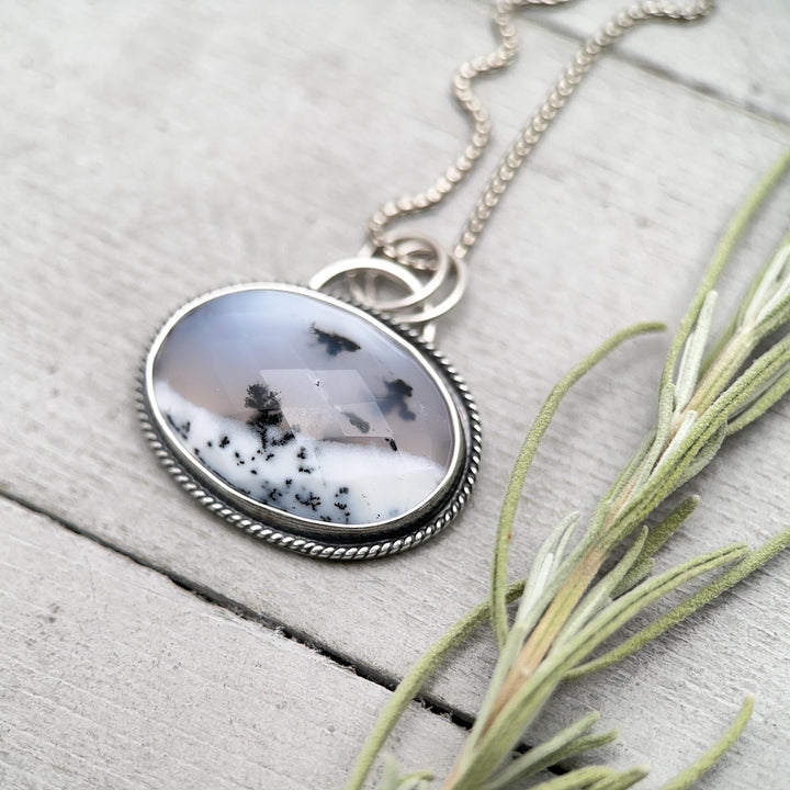 Dendritic Opal and Sterling Silver Pendant Snowy Landscape Necklace - SunlightSilver