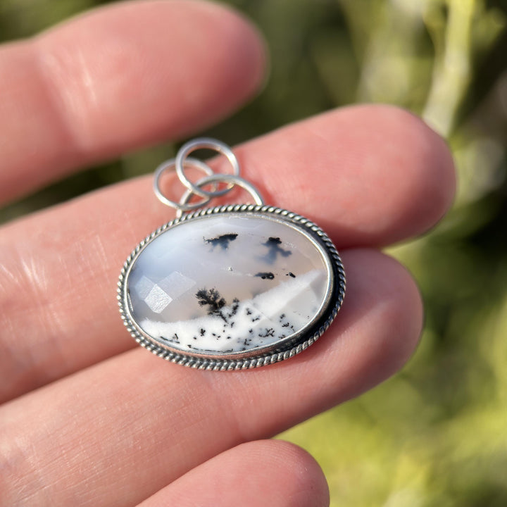 Dendritic Opal and Sterling Silver Pendant Snowy Landscape Necklace - SunlightSilver