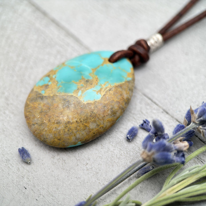 Kingman Turquoise Rustic Brown Leather Necklace - SunlightSilver