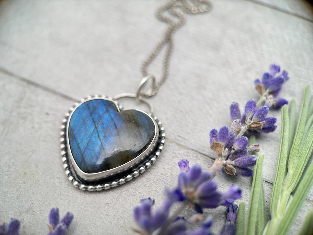 Flashy Blue Labradorite Heart and Sterling Silver Pendant - SunlightSilver