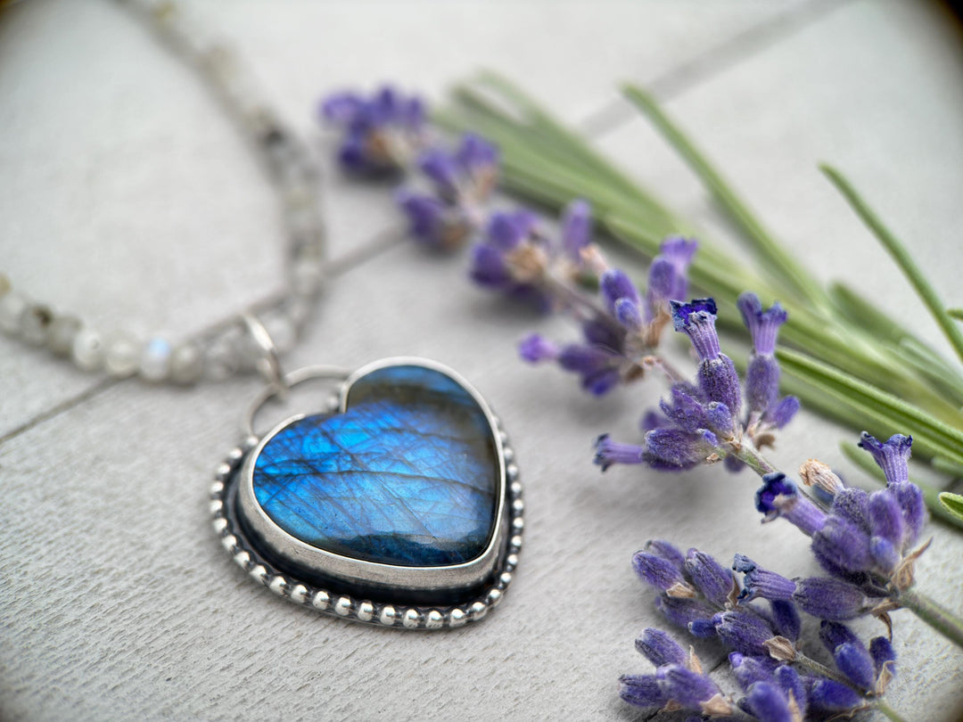 Flashy Blue Labradorite Heart and Sterling Silver Pendant - SunlightSilver