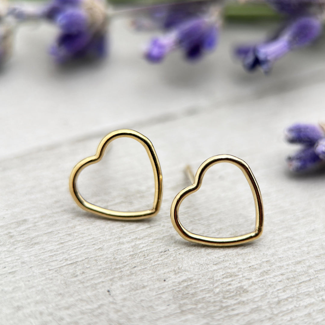 Heart Stud Earrings in 14k Yellow Gold Fill. Love Symbol Post Earrings - SunlightSilver