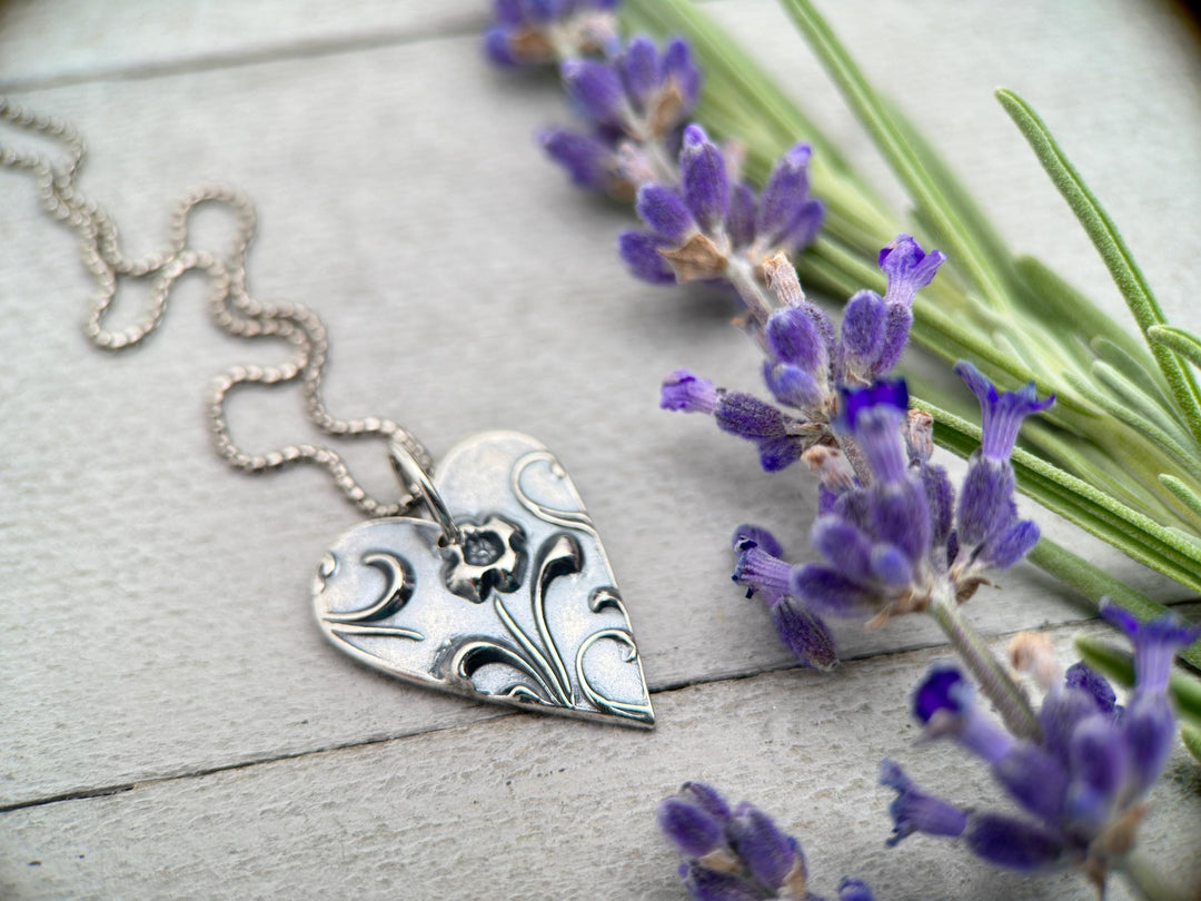 Silver Heart Necklace with Floral Design. Solid 925 Sterling Silver Pendant - SunlightSilver