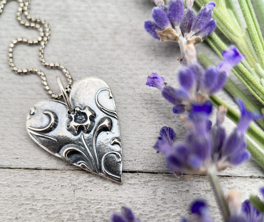 Silver Heart Necklace with Floral Design. Solid 925 Sterling Silver Pendant - SunlightSilver