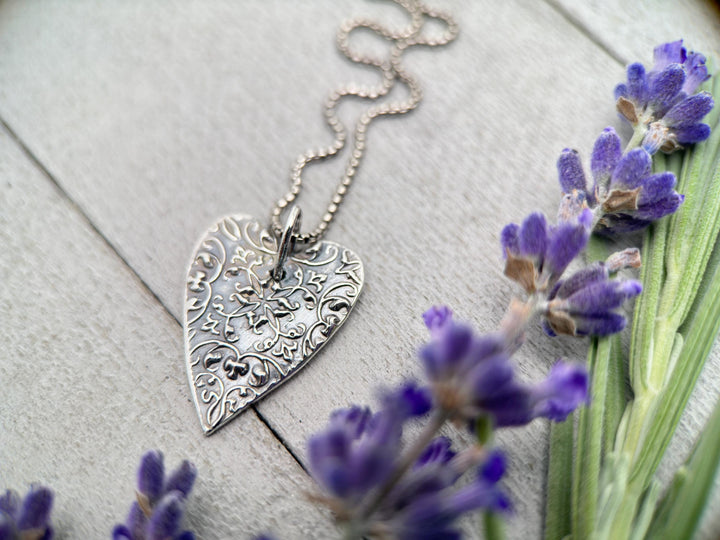 Stamped Silver Heart Pendant Necklace. Solid 925 Sterling Silver Pendant - SunlightSilver