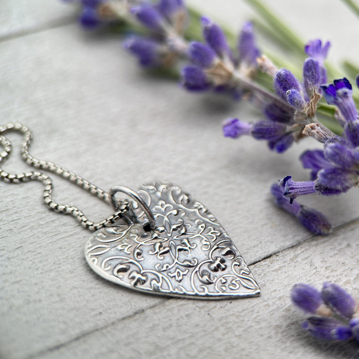 Stamped Silver Heart Pendant Necklace. Solid 925 Sterling Silver Pendant - SunlightSilver