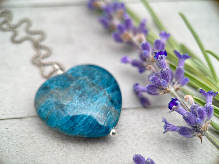 Blue Apatite Heart and Sterling Silver Necklace - SunlightSilver