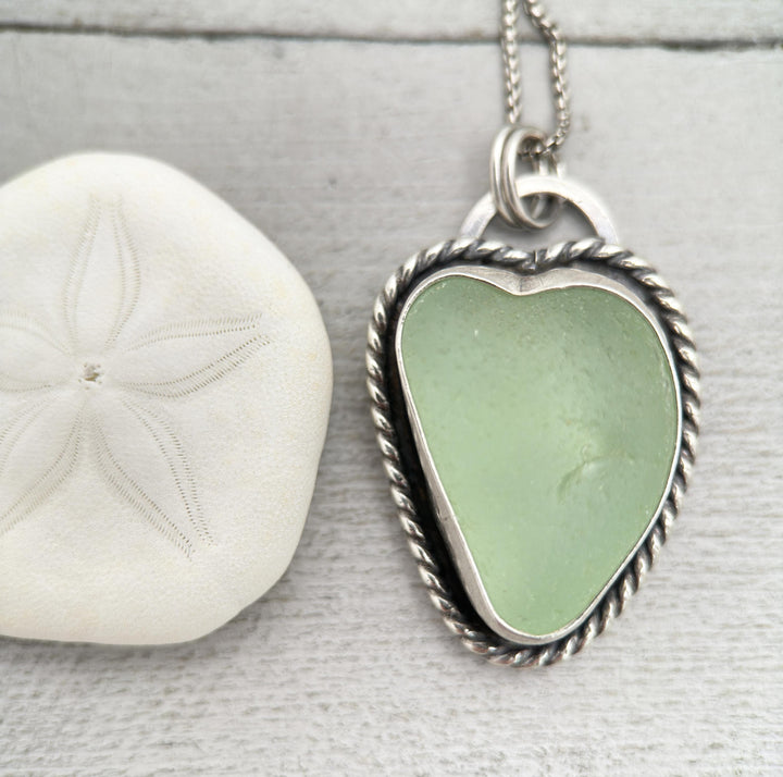 Green Sea Glass and Sterling Silver Pendant Whimsical Heart Necklace - SunlightSilver