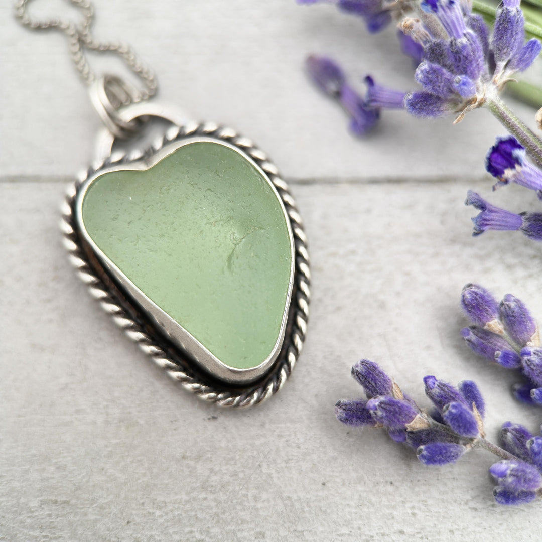 Green Sea Glass and Sterling Silver Pendant Whimsical Heart Necklace - SunlightSilver