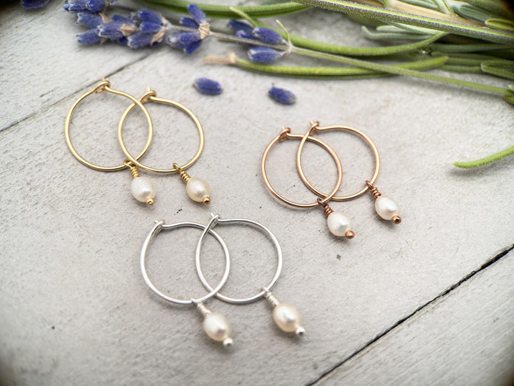 White Freshwater Pearl Charm Hoop Earrings. Available in Solid 925 Sterling Silver, 14k Yellow or Rose Gold Fill - SunlightSilver