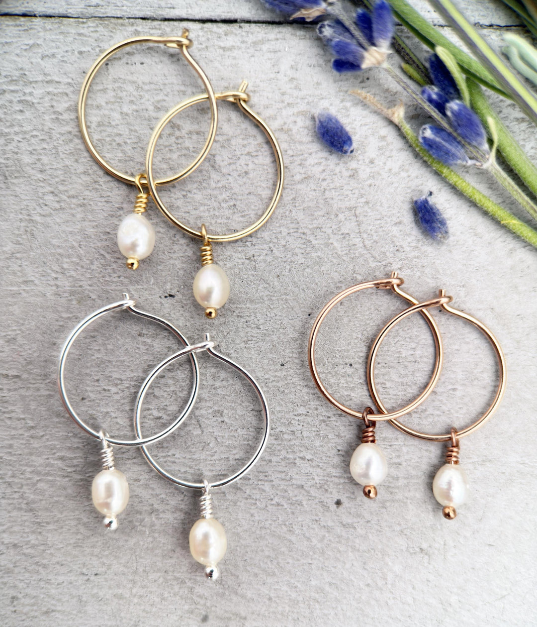 White Freshwater Pearl Charm Hoop Earrings. Available in Solid 925 Sterling Silver, 14k Yellow or Rose Gold Fill - SunlightSilver