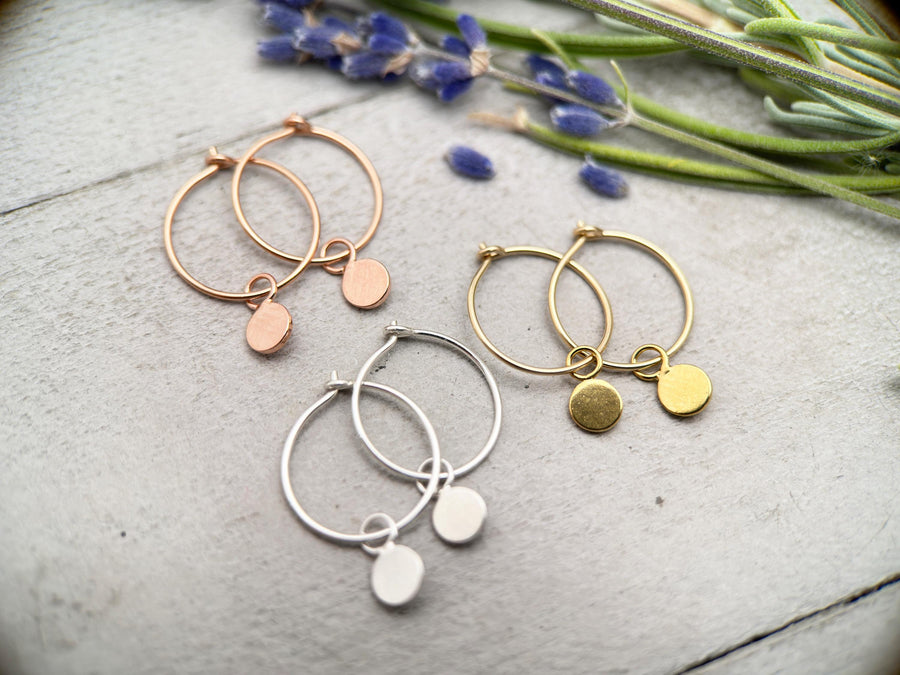 Charm Hoop Earrings Available in Solid 925 Sterling Silver, 14k Yellow or Rose Gold Fill - SunlightSilver