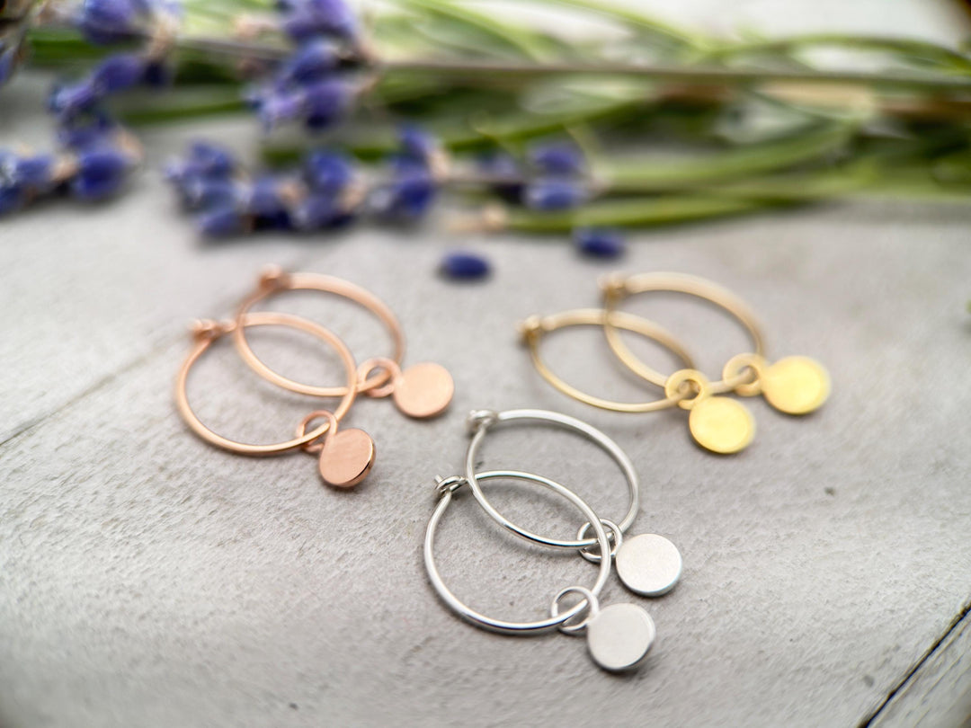 Charm Hoop Earrings Available in Solid 925 Sterling Silver, 14k Yellow or Rose Gold Fill - SunlightSilver