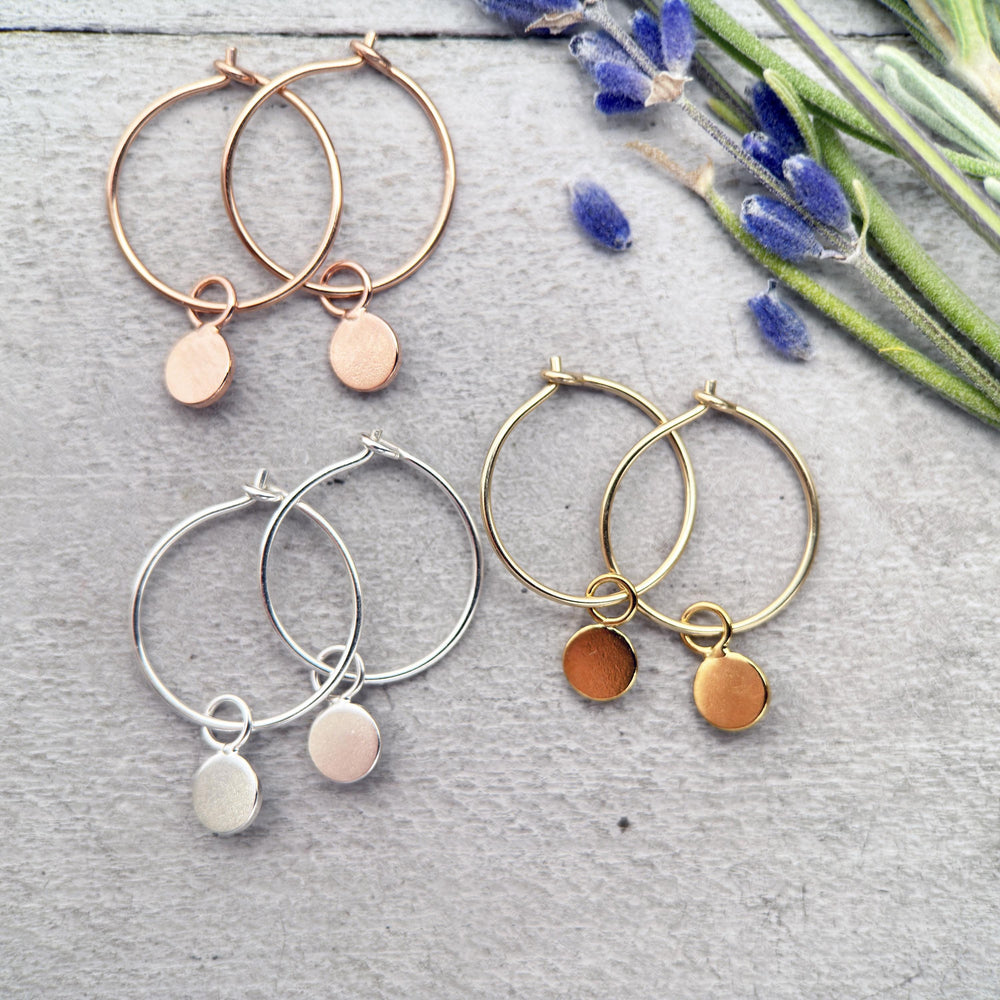 Charm Hoop Earrings Available in Solid 925 Sterling Silver, 14k Yellow or Rose Gold Fill - SunlightSilver