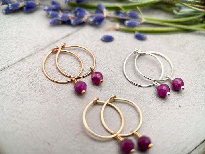 Ruby Charm Hoop Earrings. Available in Solid 925 Sterling Silver, 14k Yellow or Rose Gold Fill - SunlightSilver