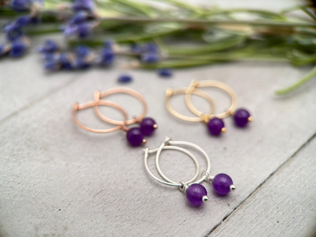 Amethyst Charm Hoop Earrings. Available in Solid 925 Sterling Silver, 14k Yellow or Rose Gold Fill - SunlightSilver