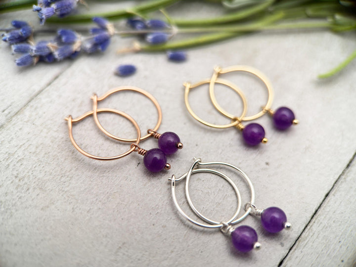 Amethyst Charm Hoop Earrings. Available in Solid 925 Sterling Silver, 14k Yellow or Rose Gold Fill - SunlightSilver