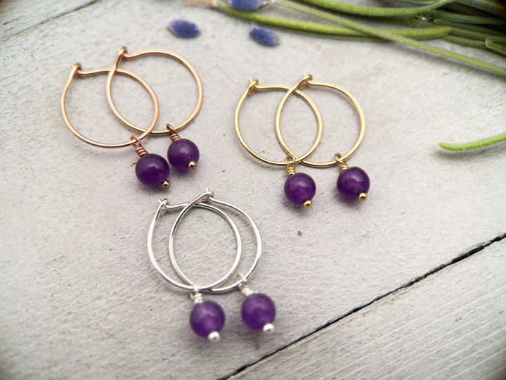 Amethyst Charm Hoop Earrings. Available in Solid 925 Sterling Silver, 14k Yellow or Rose Gold Fill - SunlightSilver