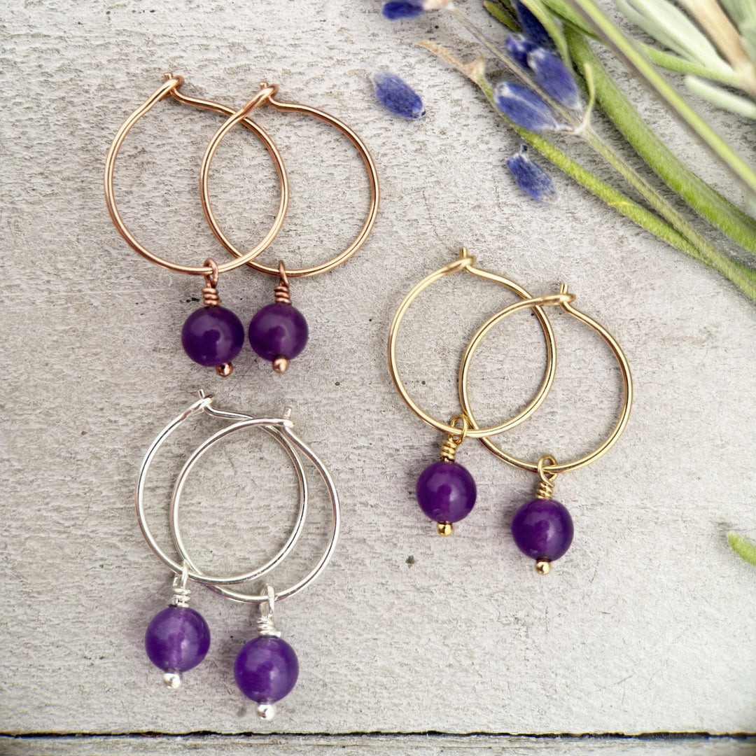 Amethyst Charm Hoop Earrings. Available in Solid 925 Sterling Silver, 14k Yellow or Rose Gold Fill - SunlightSilver