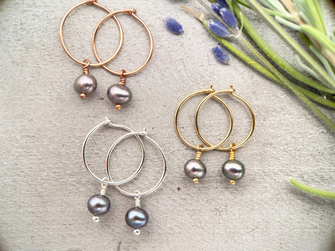 Peacock Freshwater Pearl Charm Hoop Earrings. Available in Solid 925 Sterling Silver, 14k Yellow or Rose Gold Fill - SunlightSilver