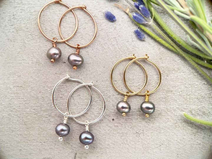 Peacock Freshwater Pearl Charm Hoop Earrings. Available in Solid 925 Sterling Silver, 14k Yellow or Rose Gold Fill - SunlightSilver