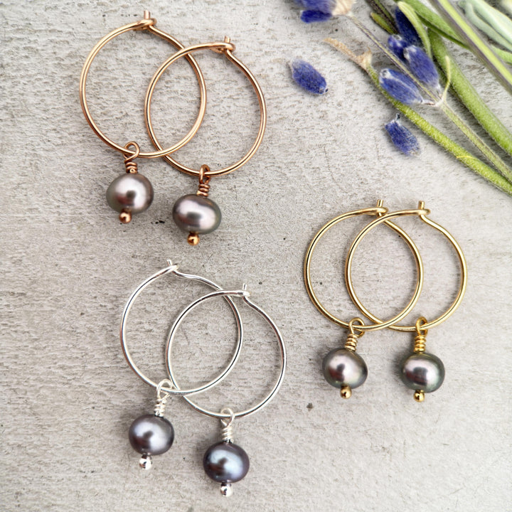 Peacock Freshwater Pearl Charm Hoop Earrings. Available in Solid 925 Sterling Silver, 14k Yellow or Rose Gold Fill - SunlightSilver