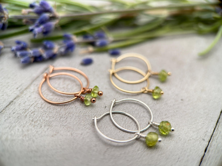 Green Peridot Charm Hoop Earrings. Available in Solid 925 Sterling Silver, 14k Yellow or Rose Gold Fill - SunlightSilver