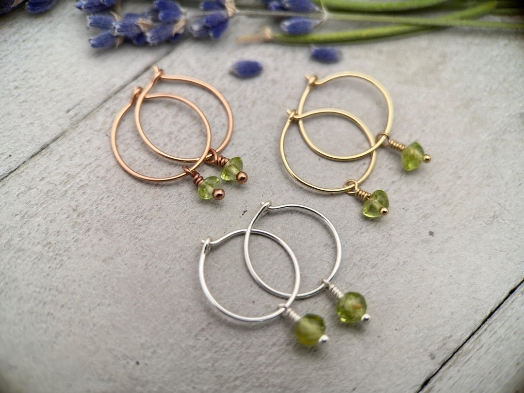 Green Peridot Charm Hoop Earrings. Available in Solid 925 Sterling Silver, 14k Yellow or Rose Gold Fill - SunlightSilver