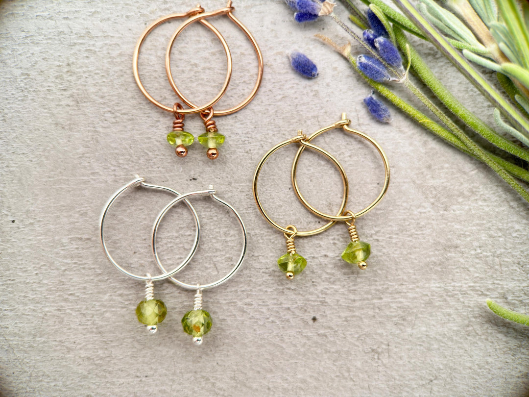 Green Peridot Charm Hoop Earrings. Available in Solid 925 Sterling Silver, 14k Yellow or Rose Gold Fill - SunlightSilver