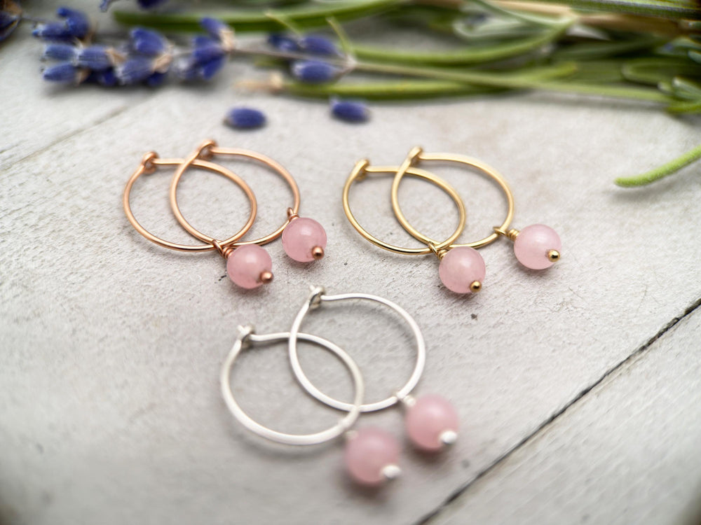 Rose Quartz Charm Hoop Earrings. Available in Solid 925 Sterling Silver, 14k Yellow or Rose Gold Fill - SunlightSilver