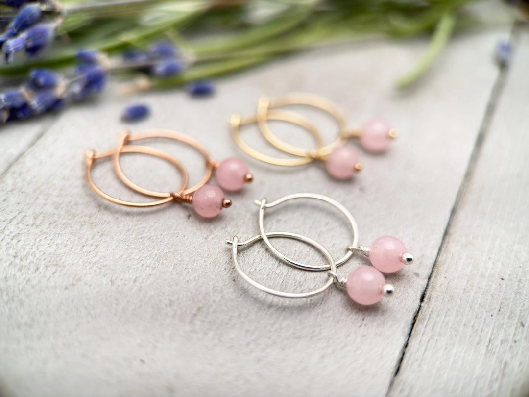 Rose Quartz Charm Hoop Earrings. Available in Solid 925 Sterling Silver, 14k Yellow or Rose Gold Fill - SunlightSilver