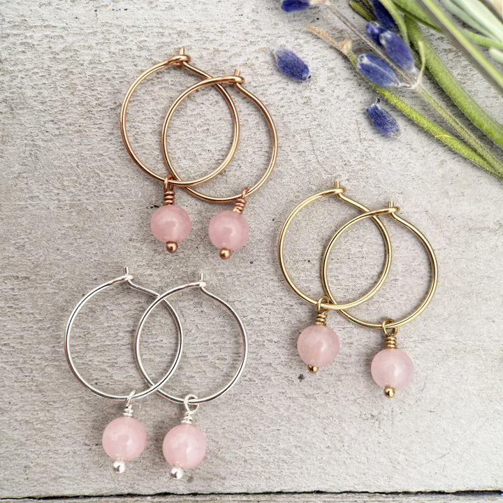 Rose Quartz Charm Hoop Earrings. Available in Solid 925 Sterling Silver, 14k Yellow or Rose Gold Fill - SunlightSilver