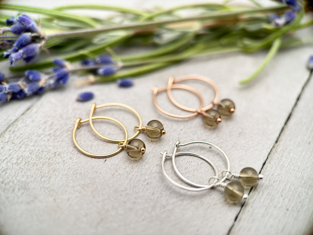 Smoky Quartz Charm Hoop Earrings. Available in Solid 925 Sterling Silver, 14k Yellow or Rose Gold Fill - SunlightSilver