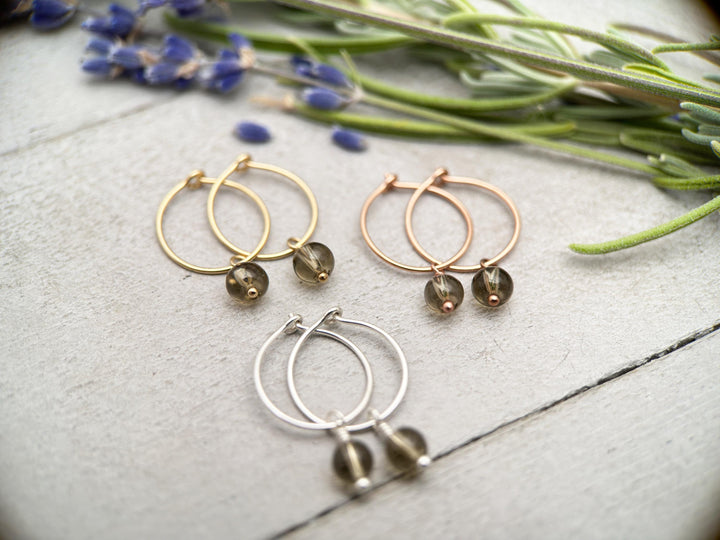 Smoky Quartz Charm Hoop Earrings. Available in Solid 925 Sterling Silver, 14k Yellow or Rose Gold Fill - SunlightSilver