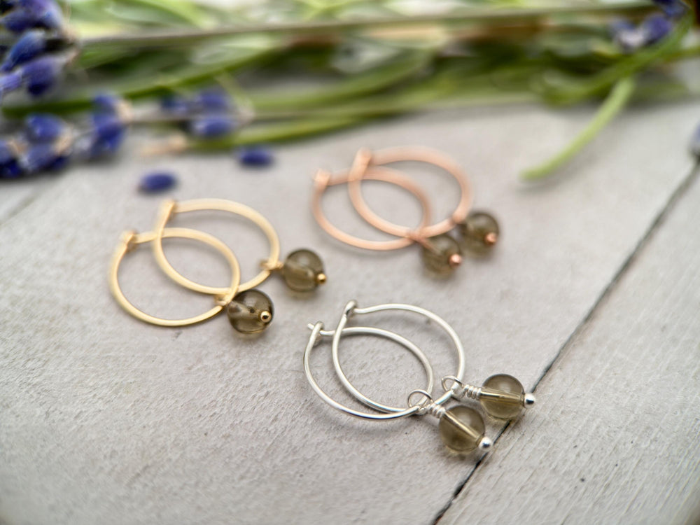 Smoky Quartz Charm Hoop Earrings. Available in Solid 925 Sterling Silver, 14k Yellow or Rose Gold Fill - SunlightSilver