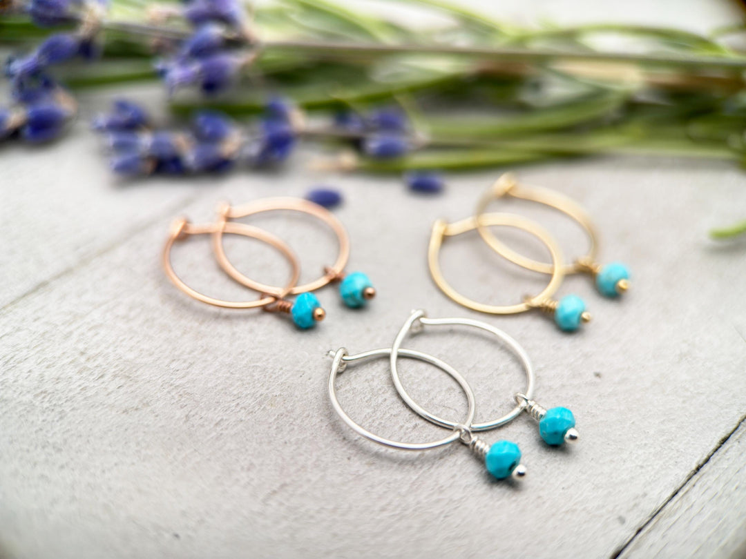 Turquoise Charm Hoop Earrings Available in Solid 925 Sterling Silver, 14k Yellow or Rose Gold Fill - SunlightSilver