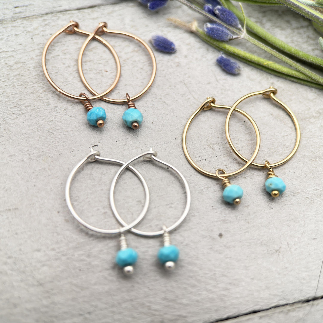 Turquoise Charm Hoop Earrings Available in Solid 925 Sterling Silver, 14k Yellow or Rose Gold Fill - SunlightSilver