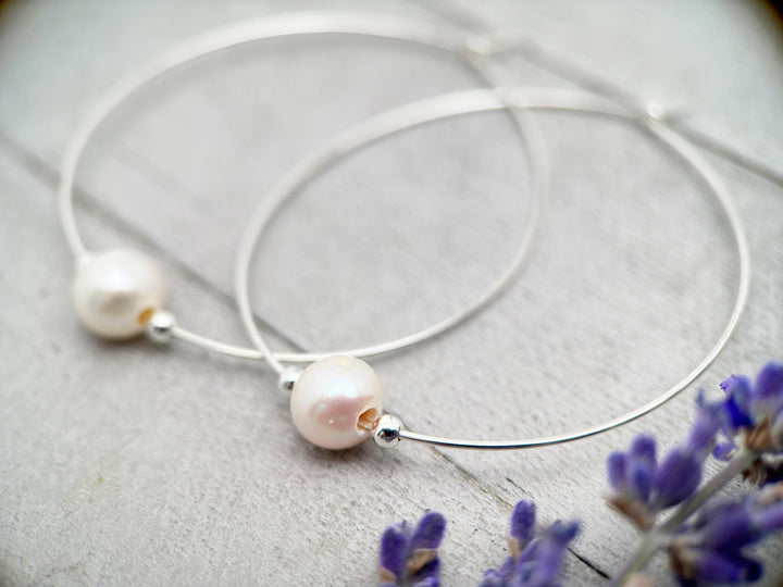 Freshwater Pearl and Sterling Silver Large Hoop Earrings - SunlightSilver