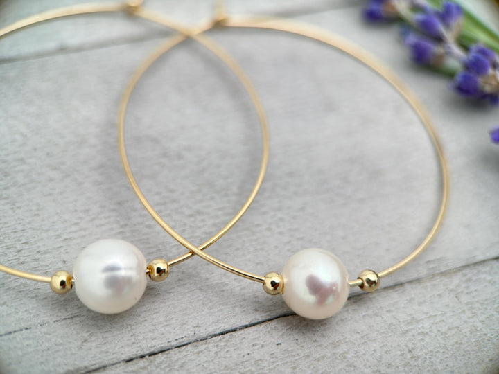 Freshwater Pearl and 14k Yellow Gold Fill Large Hoop Earrings - SunlightSilver