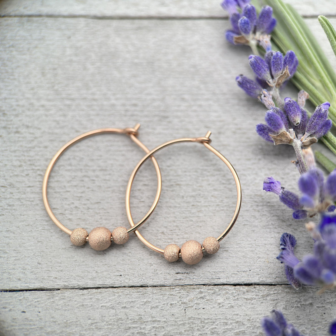 14k Rose Gold Fill Hoop Earrings with 3 Stardust Beads - 3/4 inch (20mm) in size - SunlightSilver