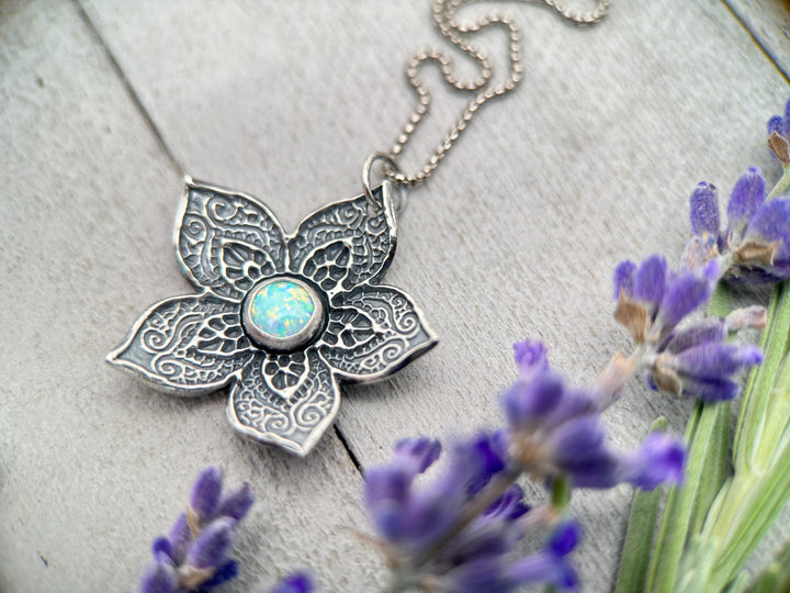 Opal and Sterling Silver Flower Necklace - SunlightSilver