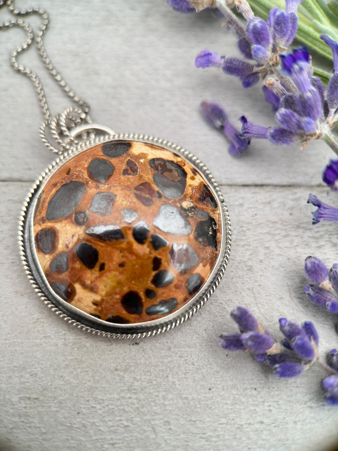 Bauxite and Sterling Silver Pendant Necklace. Animal Print Stone - SunlightSilver