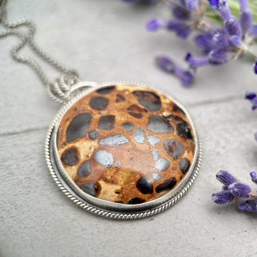 Bauxite and Sterling Silver Pendant Necklace. Animal Print Stone - SunlightSilver