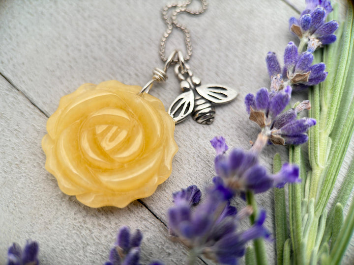 Carved Yellow Jade Flower and Sterling Silver Bee Charm Necklace - SunlightSilver