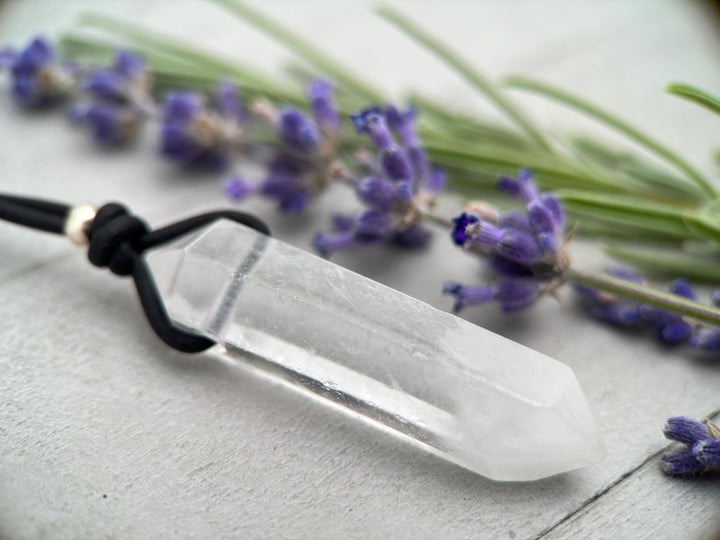 Crystal Quartz Point Pendant Leather Necklace - SunlightSilver