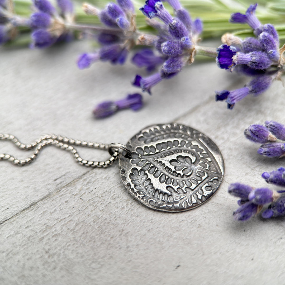 Silver Paisley Charm Necklace. Solid 925 Sterling Silver and .999 Fine Silver Necklace - SunlightSilver