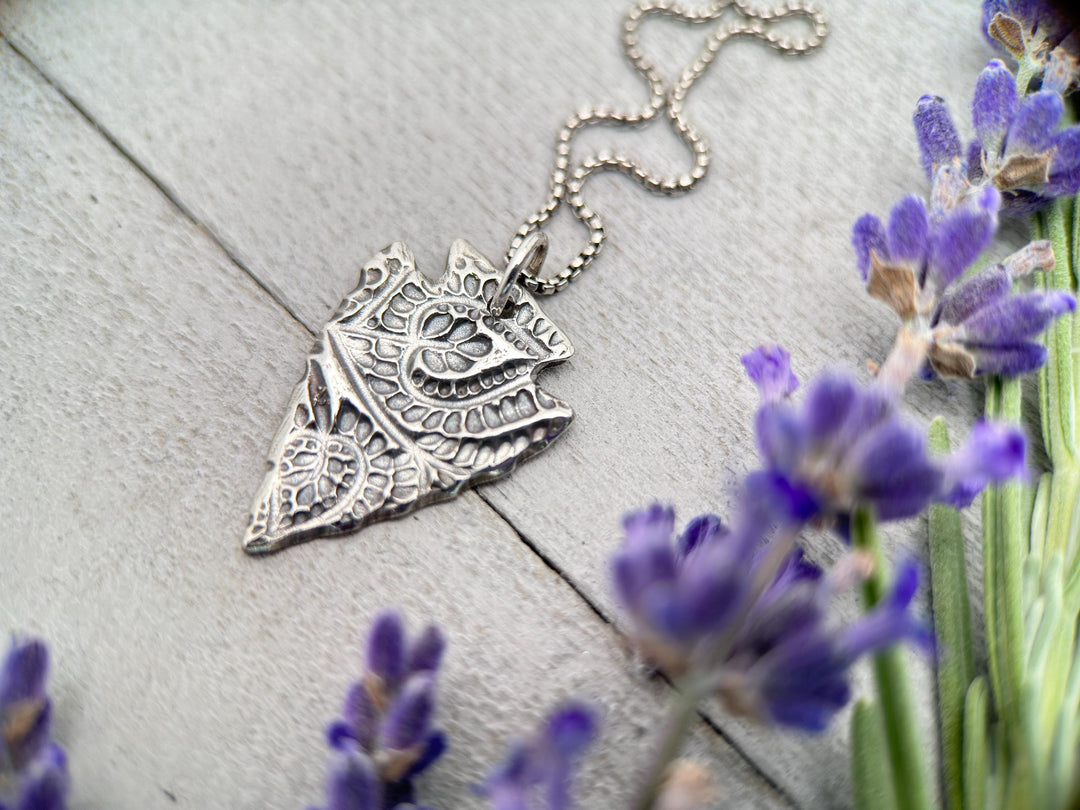 Silver Arrowhead Necklace with Paisley Design. Solid 925 Sterling Silver Pendant with Beautiful Stamped Bohemian Paisley Pattern. Southwest - SunlightSilver