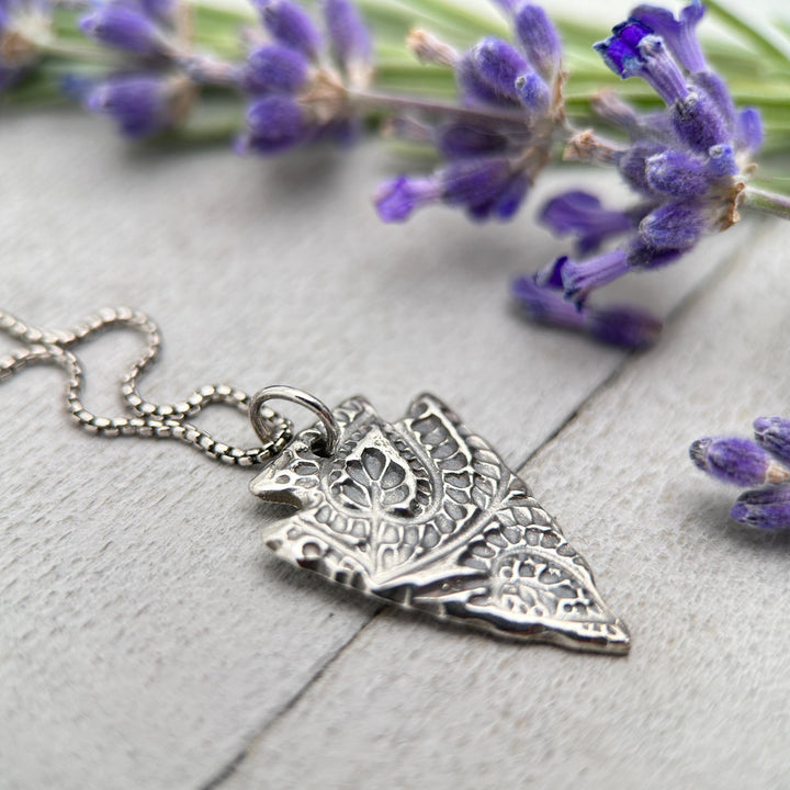 Silver Arrowhead Necklace with Paisley Design. Solid 925 Sterling Silver Pendant with Beautiful Stamped Bohemian Paisley Pattern. Southwest - SunlightSilver